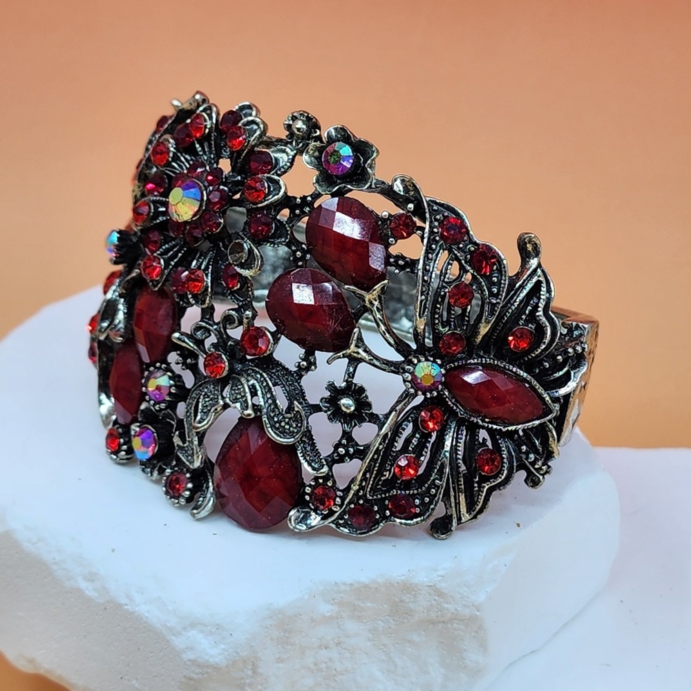 Red Rhinestone Floral Butterfly Silver Tone Wide Cuff Bracelet Glam Statement